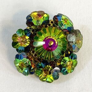 Vtg Watermelon Rivoli Purple Green AB Crystal Flower Cut Bead Cluster Brooch Pin